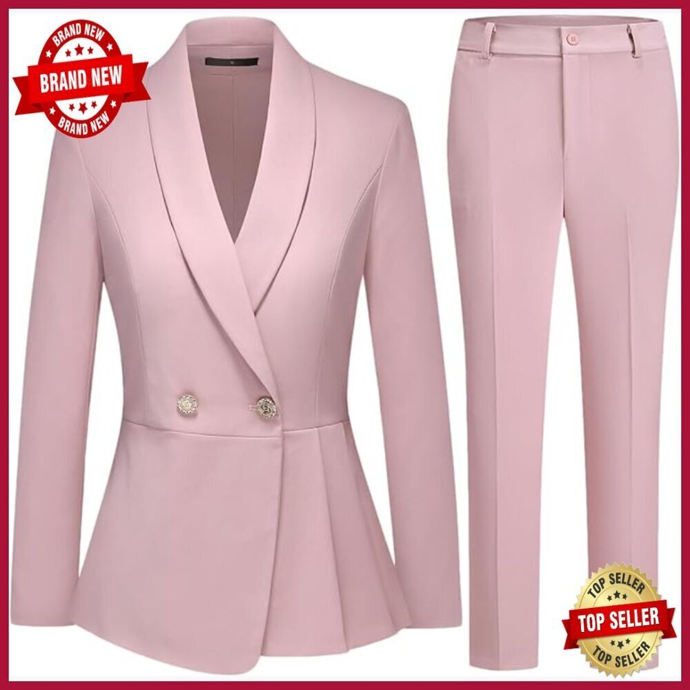 Double Breasted Blazer Slim Fit Pants Set Polyester Blend Business Wear